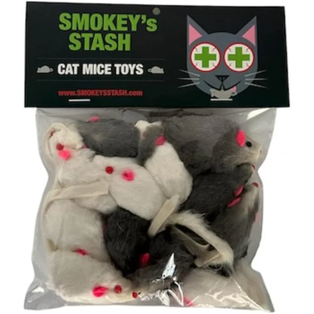 Smokey's Stash Rabbit Fur Mouse Cat Toy 12 per Pack White and Gray Fuzzy Toys